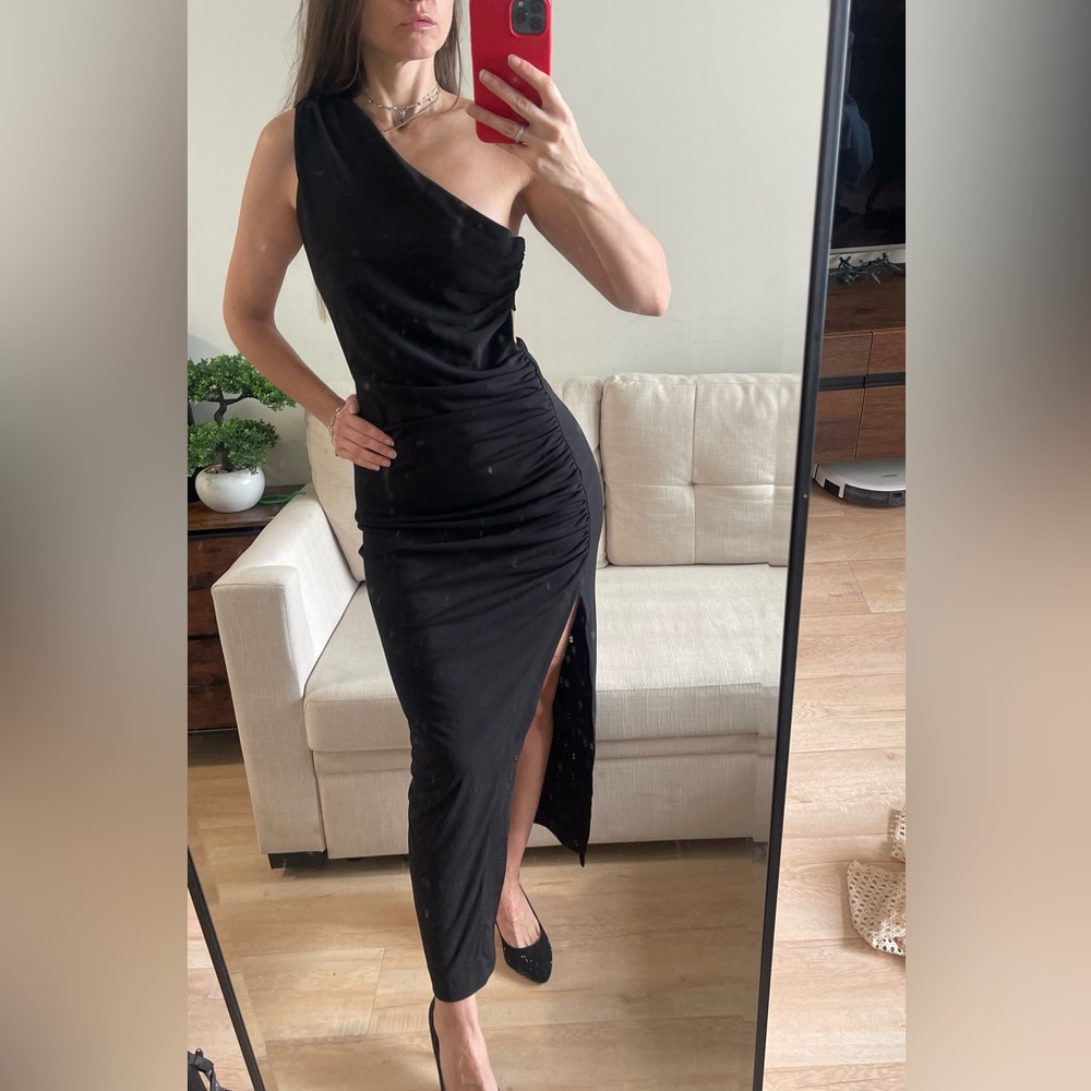 ZARA One Shoulder Back Cut Out Ruched Maxi Dress- Black M